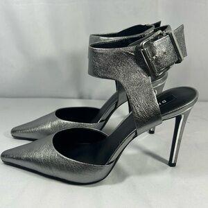 DKNY Metallic Silver Ankle Strap Heels